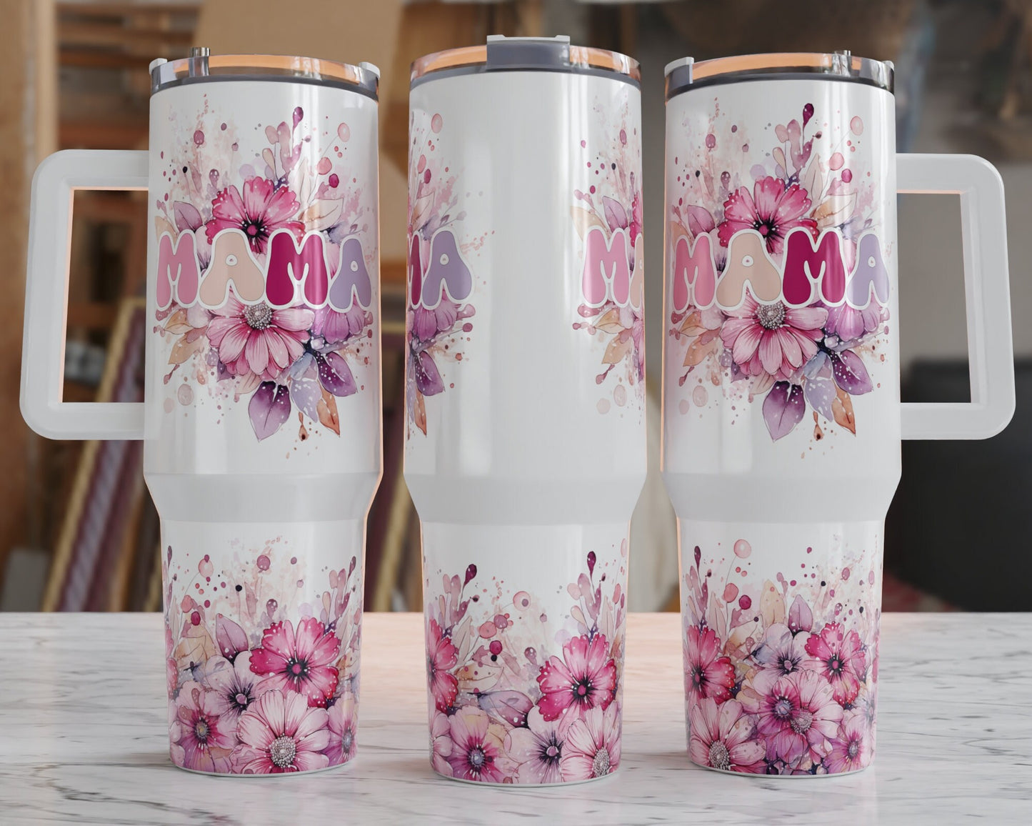 40oz Tumbler with Handle. Mama Floral Tumbler, Mom Tumbler