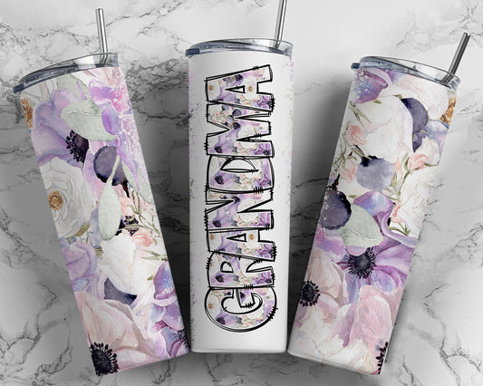 Grandma Purple Flower Skinny Tumbler, 20oz tumbler