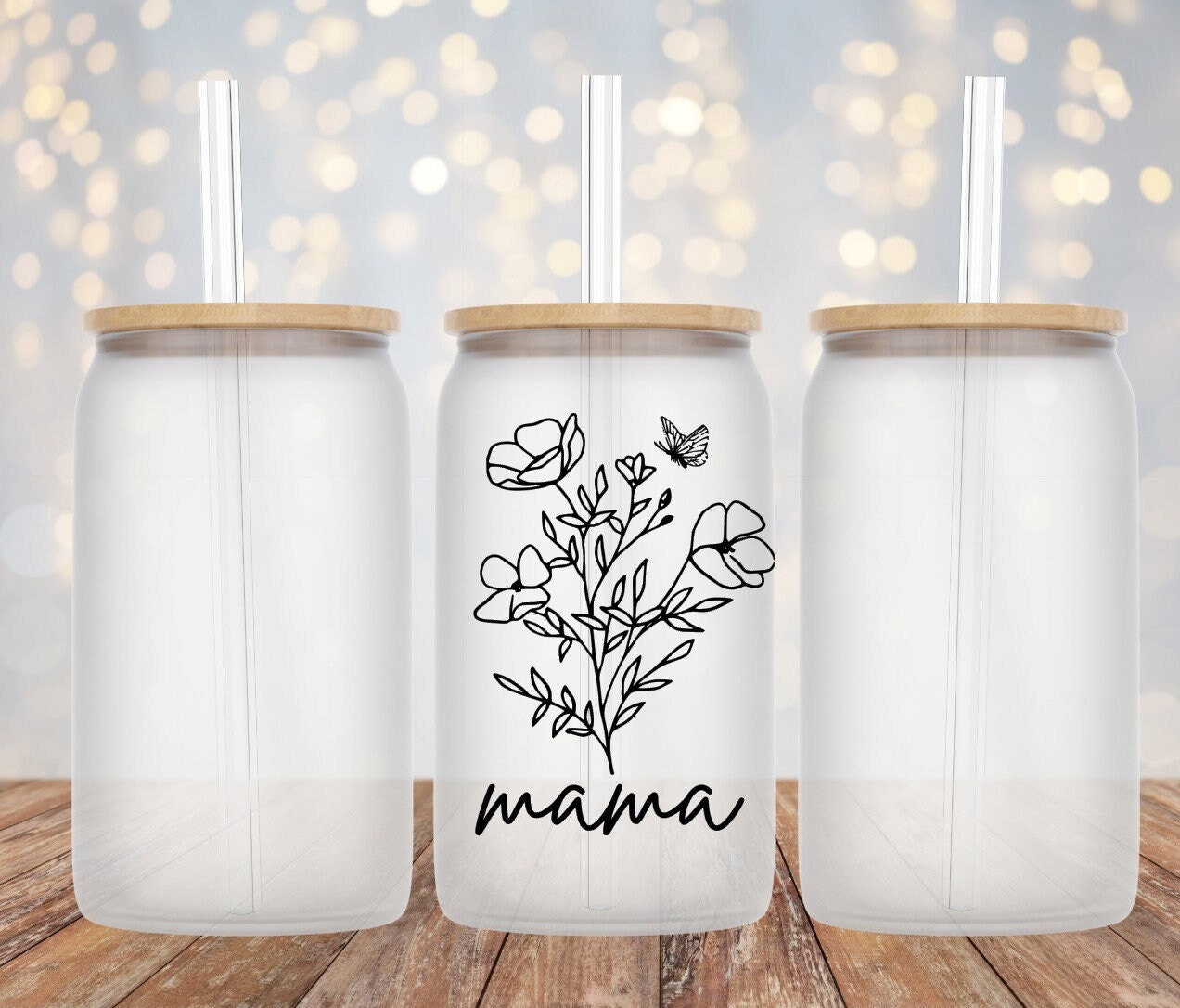 Frosted Mama Floral 16oz Glass can tumbler with straw