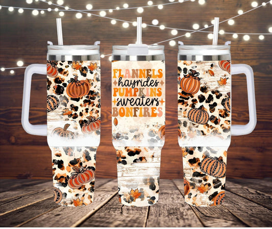 Fall 40oz tumbler, flannels, hayrides, pumpkin, sweaters and bonfires tumbler, 40oz tumbler with handle