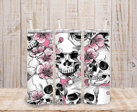 Pink Skulls Skinny Tumbler, Halloween Tumbler, 20oz Tumbler